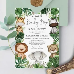 Tropical jungle safari baby shower invitation featuring cute baby animals.