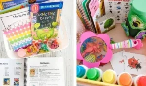 A colorful toddler morning basket filled with engaging educational toys and books.