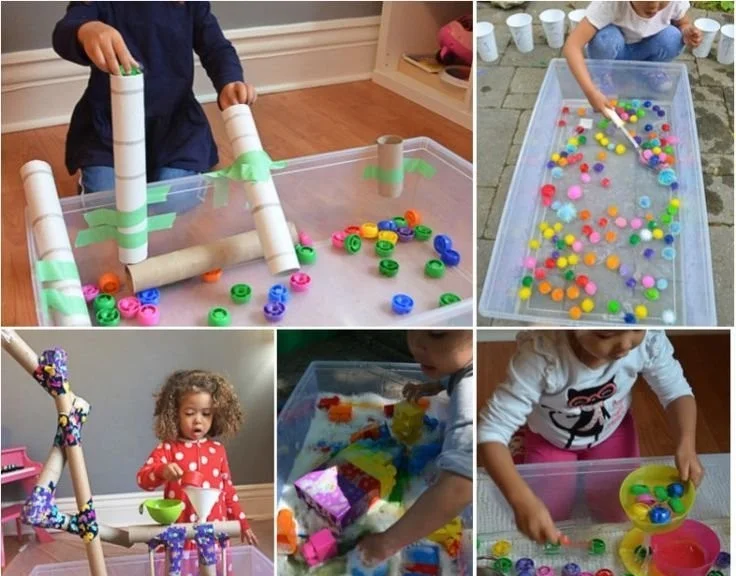 Variety of colorful sensory bins for toddlers promoting play and learning