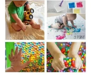 Parents engaging in baby-safe sensory play activities with toddlers.