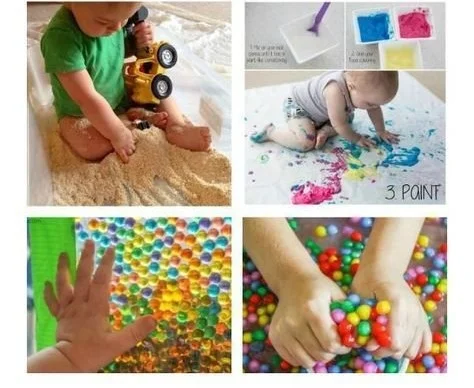 Parents engaging in baby-safe sensory play activities with toddlers.