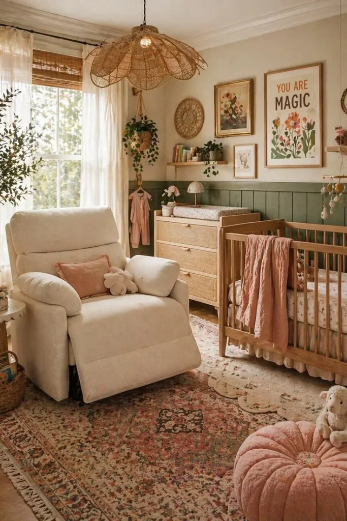Cozy boho nursery with Mochi recliner and eclectic decor for a baby's room.
