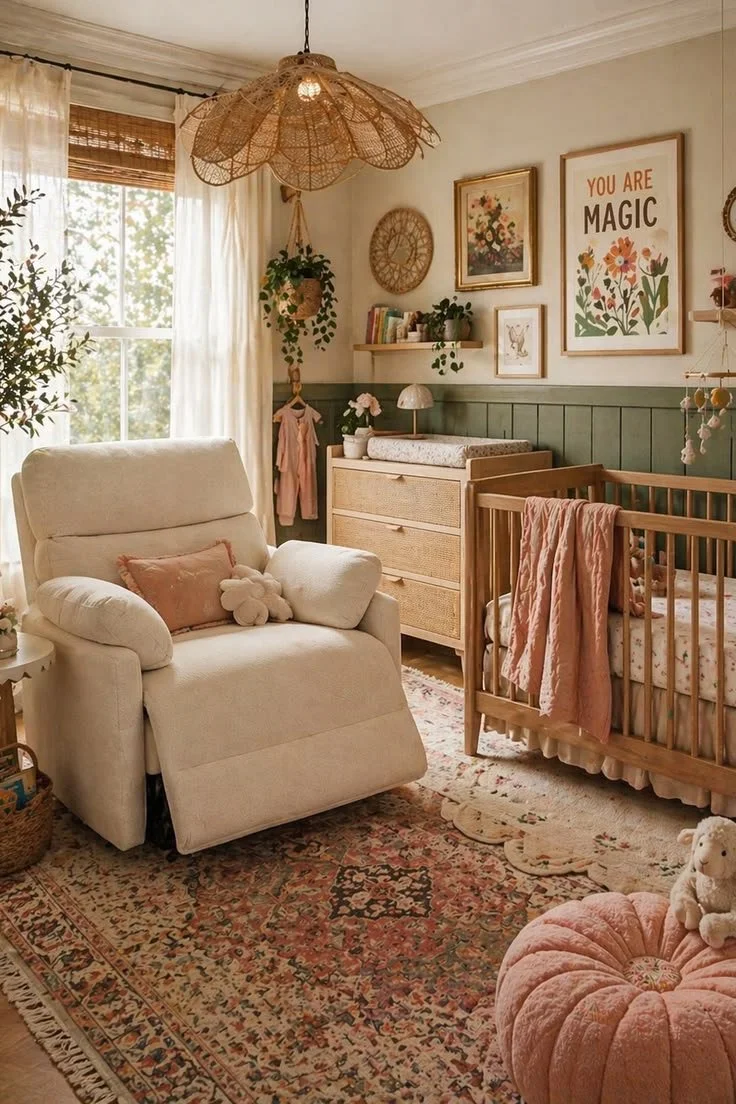 Cozy boho nursery with Mochi recliner and eclectic decor for a baby's room.