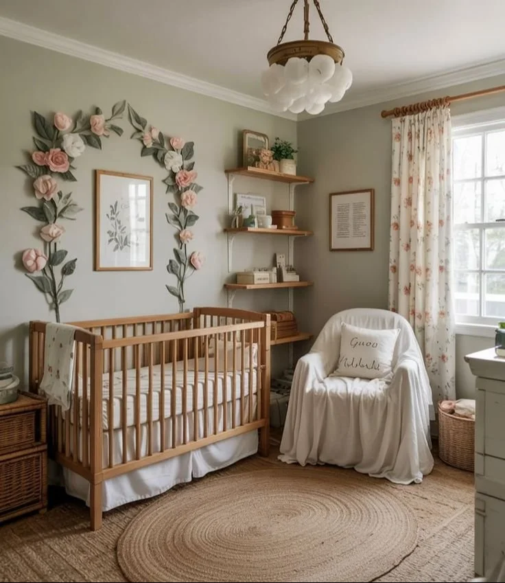 Botanical Bloom Boy nursery with soft green walls and floral accents