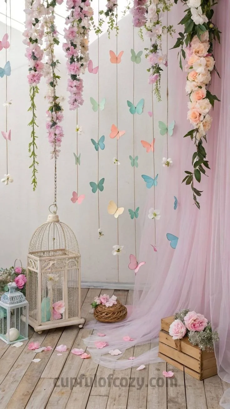 Spring-themed baby shower decorations featuring butterfly designs.