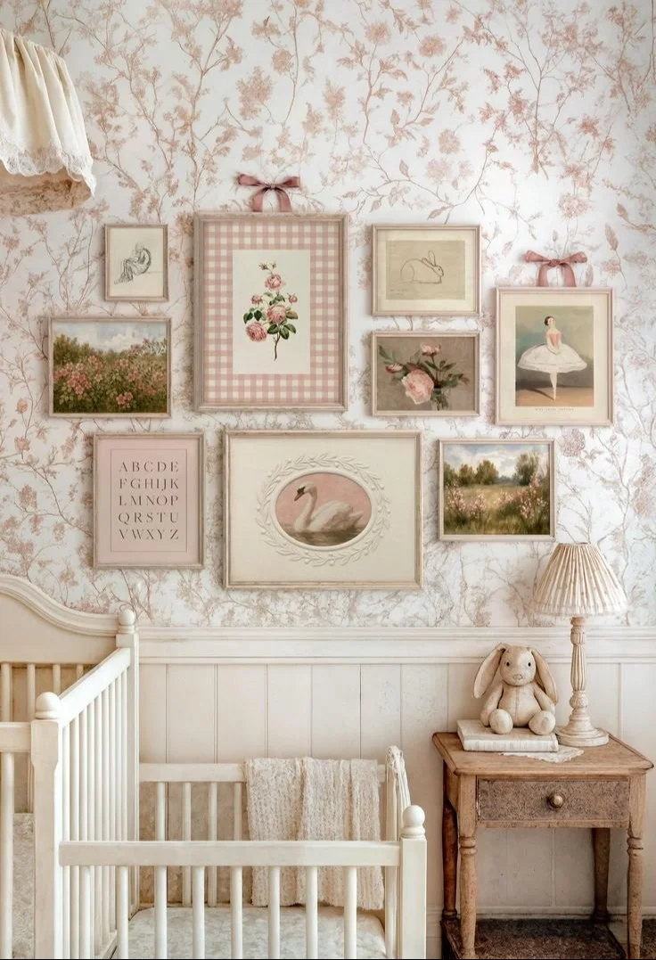 Charming pink nursery art set for vintage-inspired girls' rooms decor.