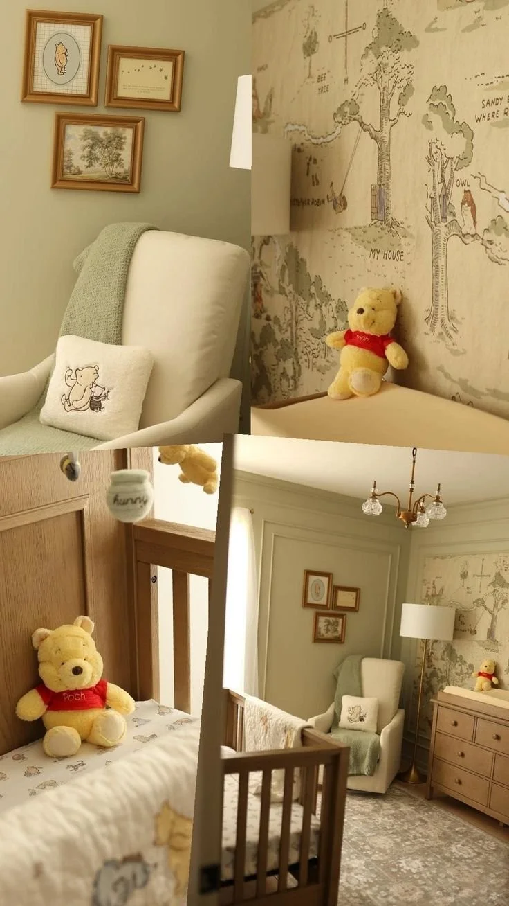 Cozy Winnie the Pooh nursery design featuring soft colors and whimsical decor.