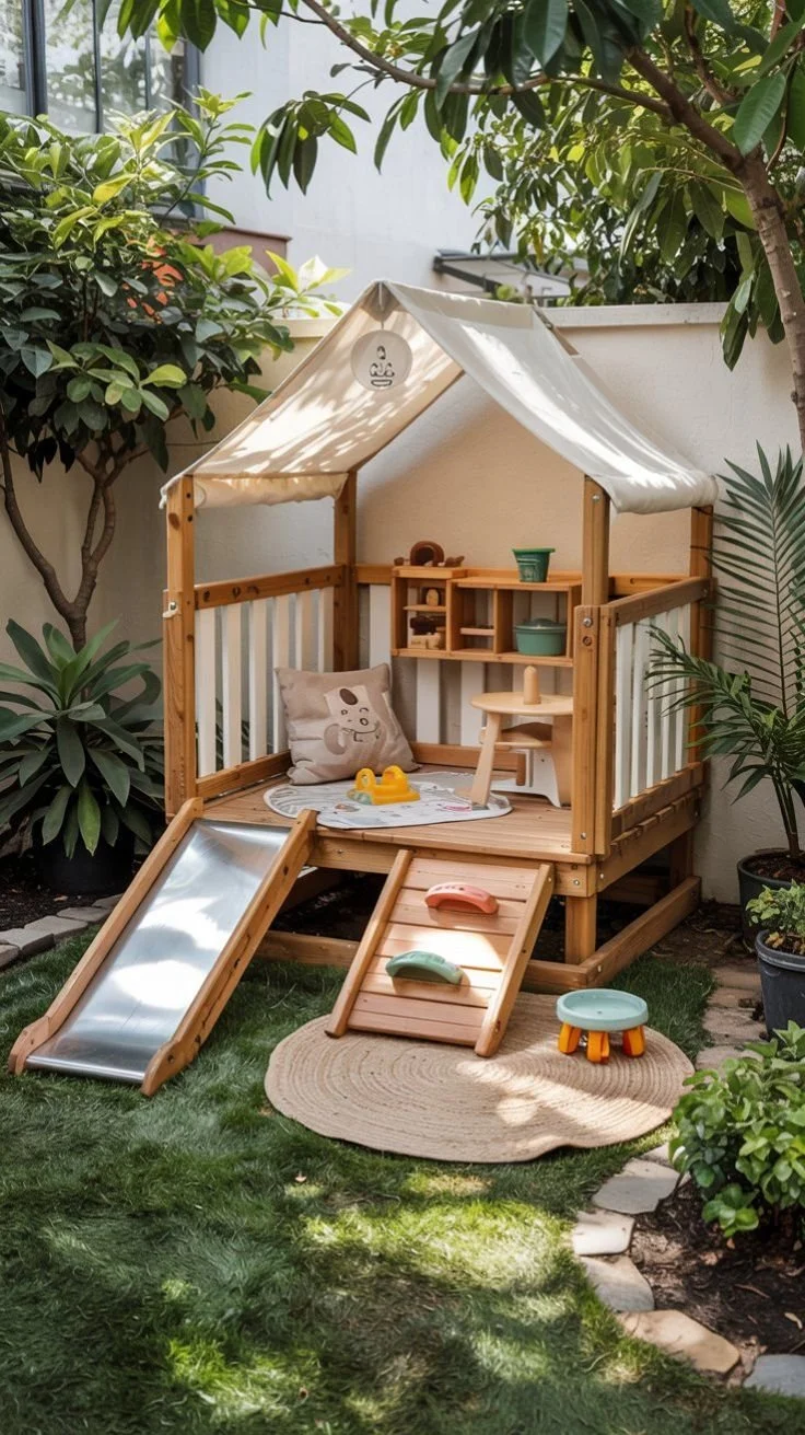 Toddler playing in a cozy backyard play space with toys and colorful decorations.