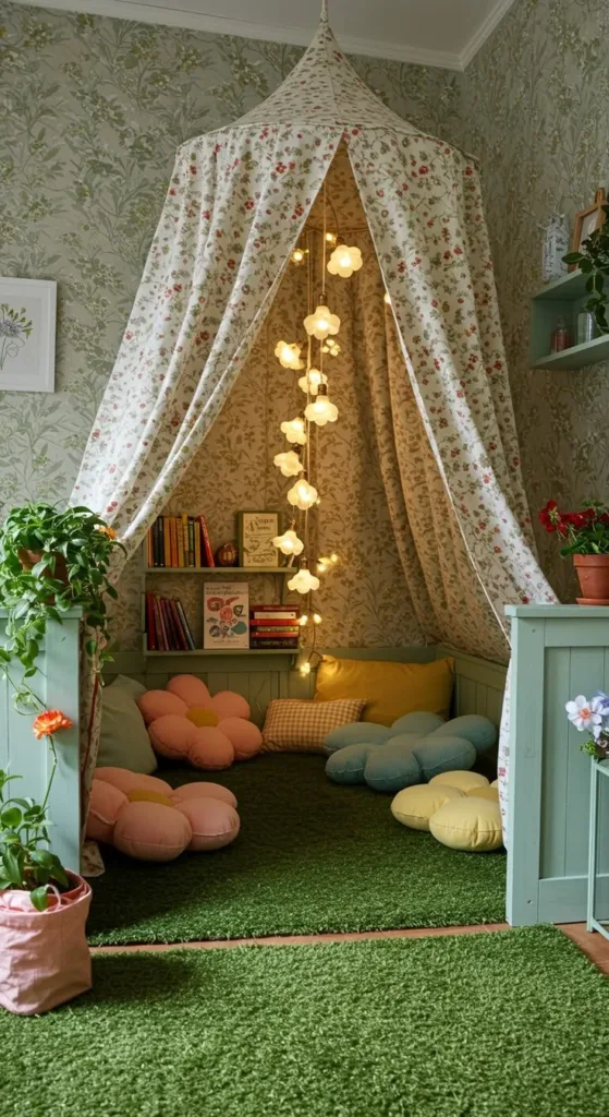 Cozy green carpet nook showcasing natural decor and inviting ambiance