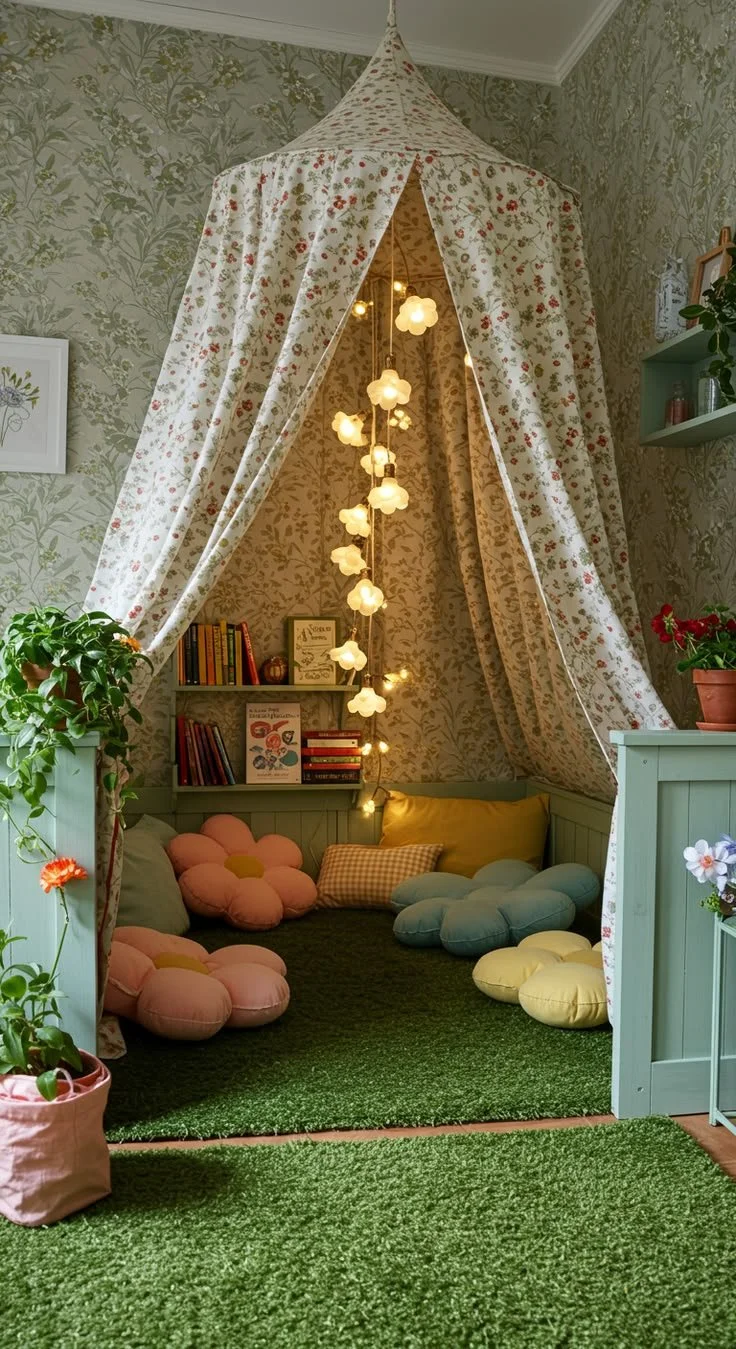Cozy green carpet nook showcasing natural decor and inviting ambiance