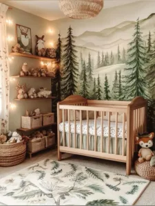 Cozy woodland nursery design with calming decor and soothing colors for babies.