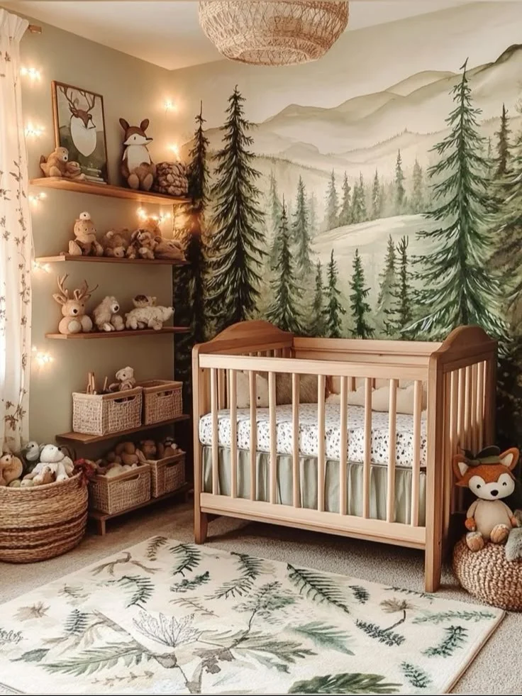 Cozy woodland nursery design with calming decor and soothing colors for babies.