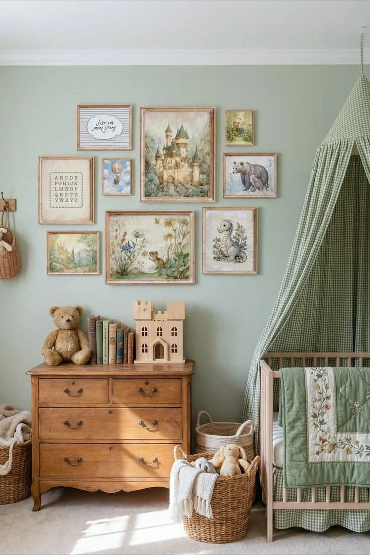 Cozy storybook nursery wall art set for a baby boy's room decoration.