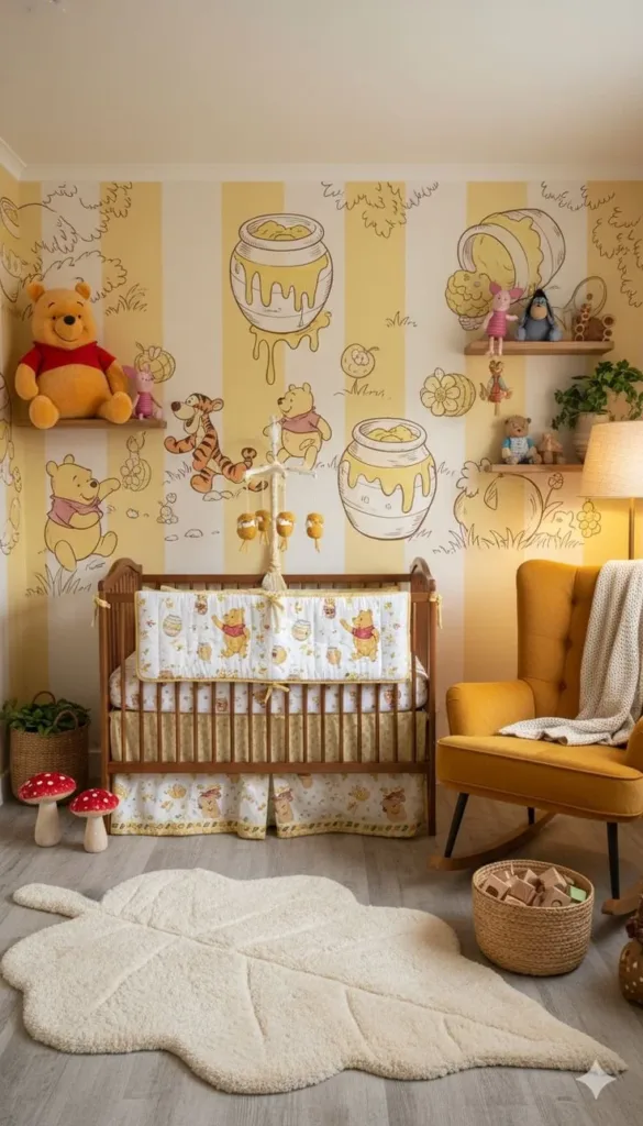 Cozy Winnie the Pooh nursery decor ideas for a calming baby room.