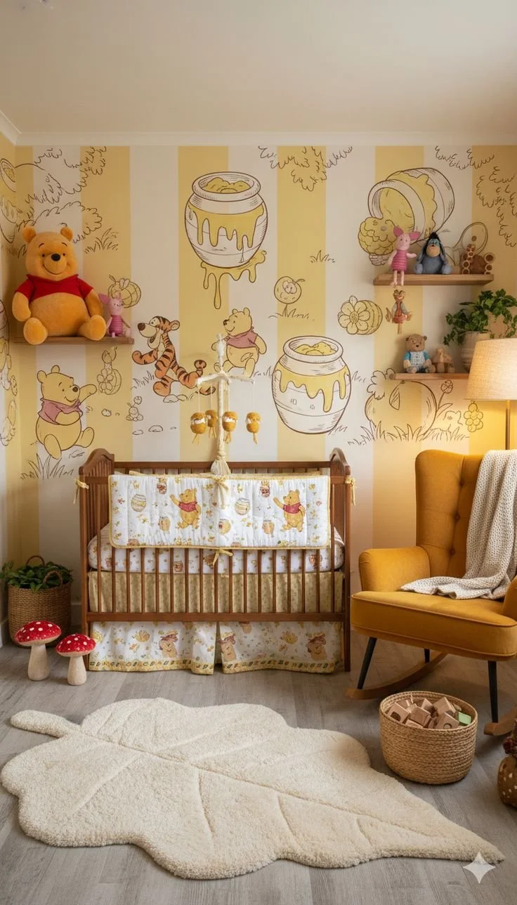 Cozy Winnie the Pooh nursery decor ideas for a calming baby room.