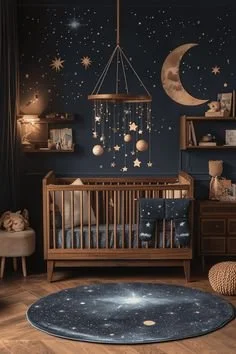 Dark wood nursery setup for a cozy and calming atmosphere.