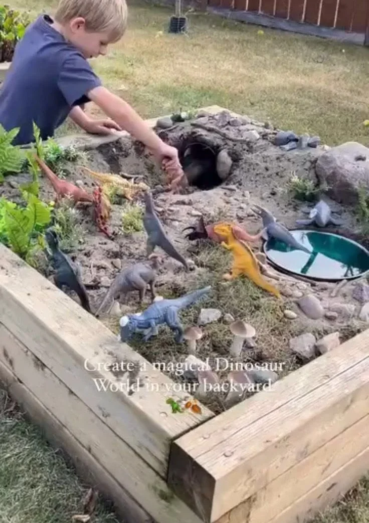 Children enjoying Dino Dig Activities for sensory play in the backyard.