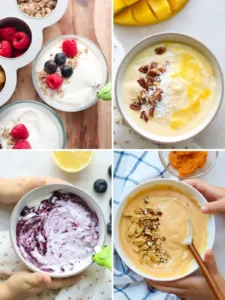 Homemade flavored yogurt with fruits for kids' snack time