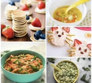 Colorful plates of easy and tasty toddler meals featuring healthy ingredients.