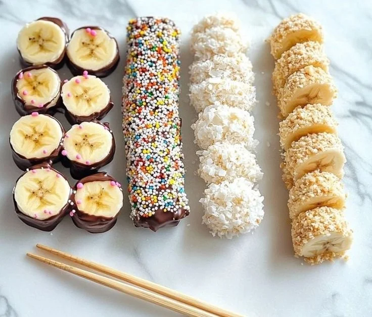 Colorful banana sushi rolls made with fruits and nut butter for kids