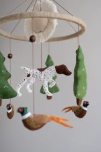 Hunter themed baby mobile for crib with pheasant and pointer design