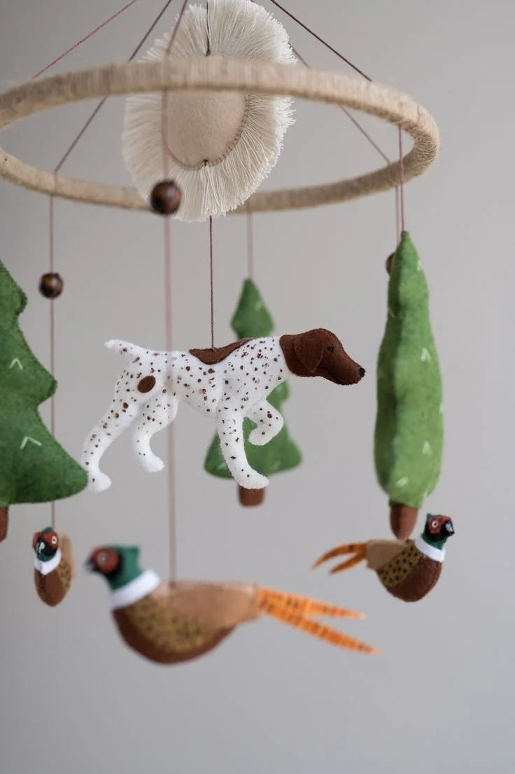 Hunter themed baby mobile for crib with pheasant and pointer design