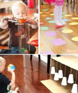 Busy mom playing indoor games with kids at home for fun.