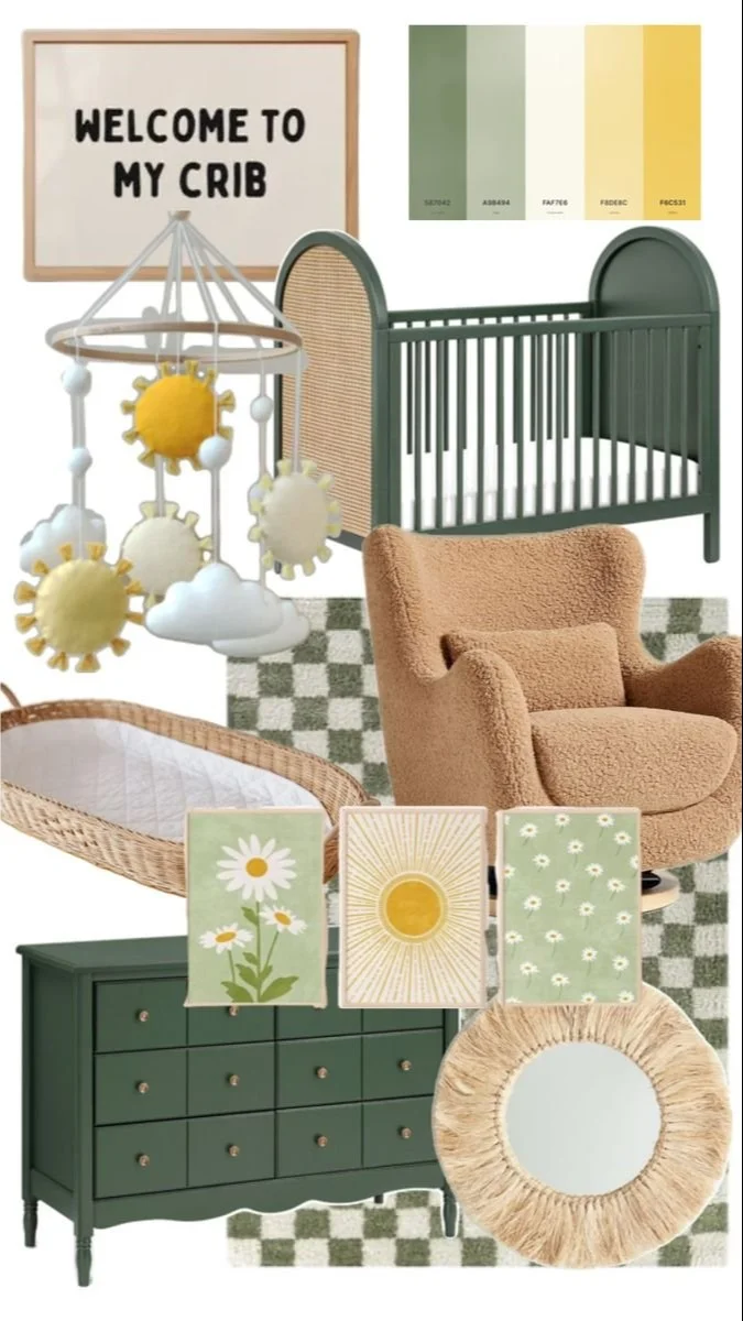 Cozy yellow and green gender neutral nursery with playful decor and furniture.