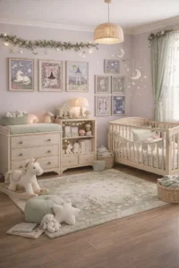 Beautifully decorated enchanted nursery with soft colors and whimsical decor.