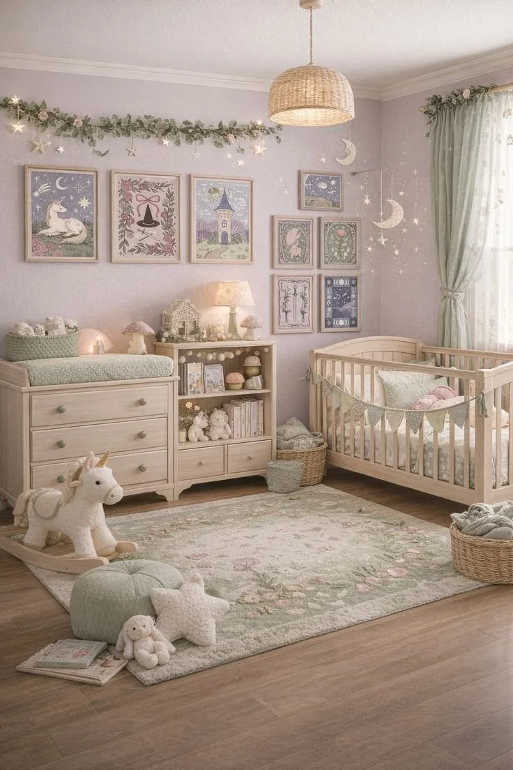 Beautifully decorated enchanted nursery with soft colors and whimsical decor.
