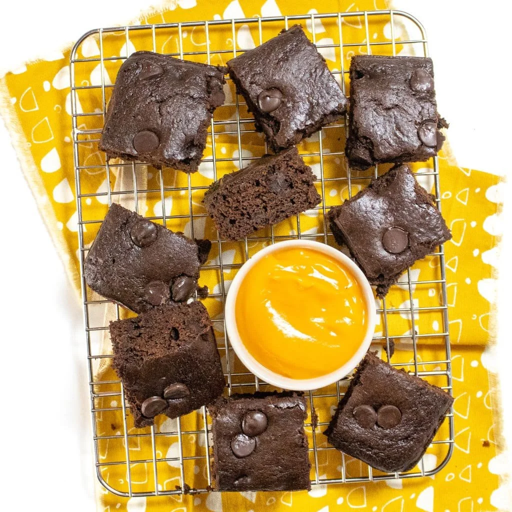 Delicious kid-friendly sweet potato brownies on a wooden table