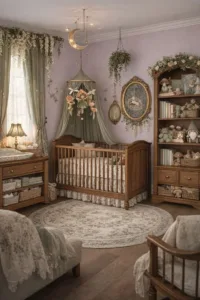 Whimsical enchanted forest nursery decor with trees and mystical elements.