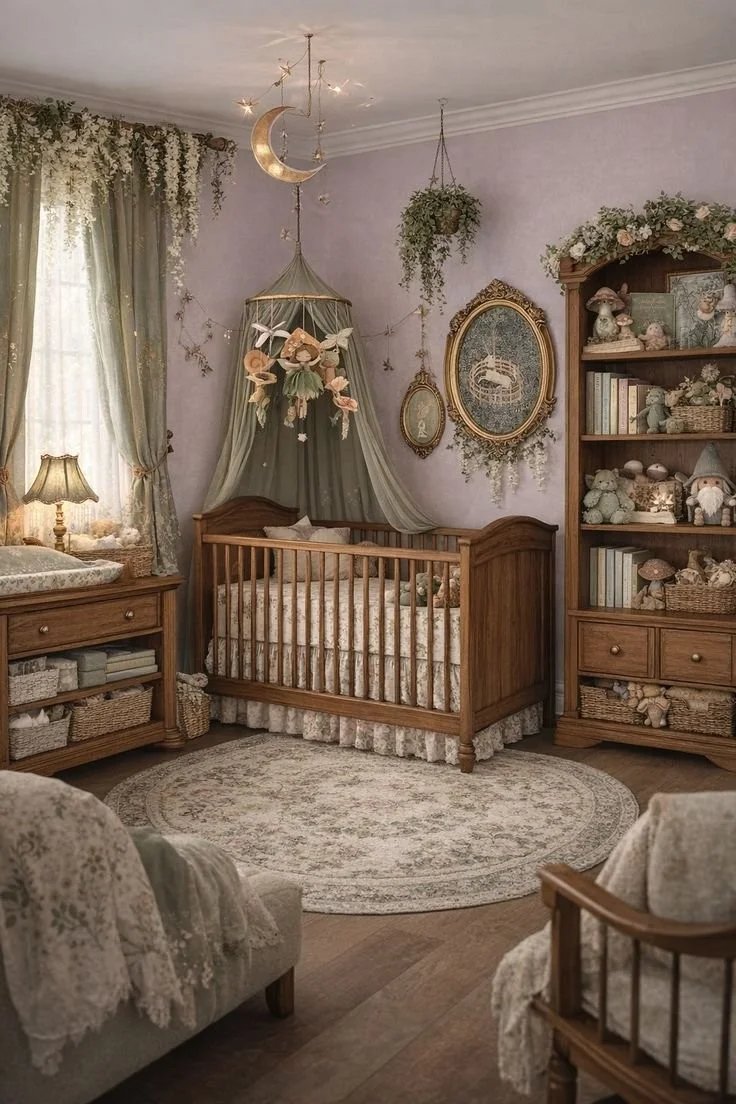 Whimsical enchanted forest nursery decor with trees and mystical elements.