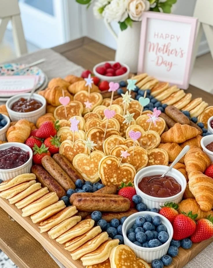 Delicious Mother's Day brunch spread with flowers and family gathering