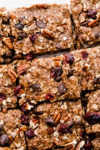 Homemade no bake cereal bars ready for a quick snack for busy moms.
