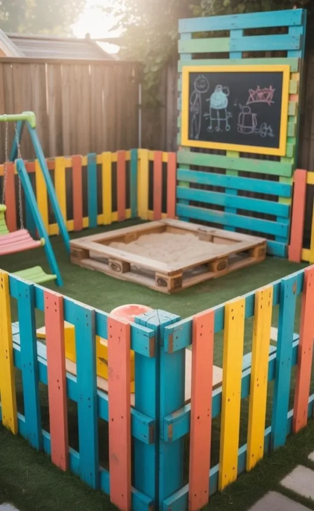 Colorful rainbow pallet fence design surrounding a sandbox in a backyard