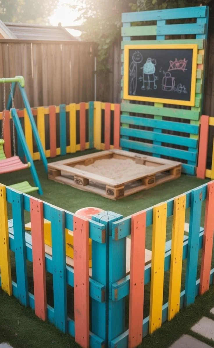 Colorful rainbow pallet fence design surrounding a sandbox in a backyard