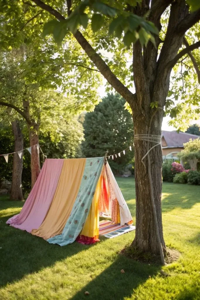 Children playing in a creative backyard fort made from blankets and wood