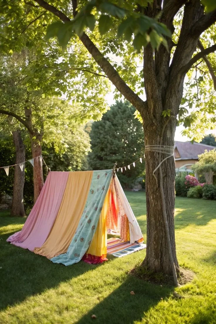 Children playing in a creative backyard fort made from blankets and wood