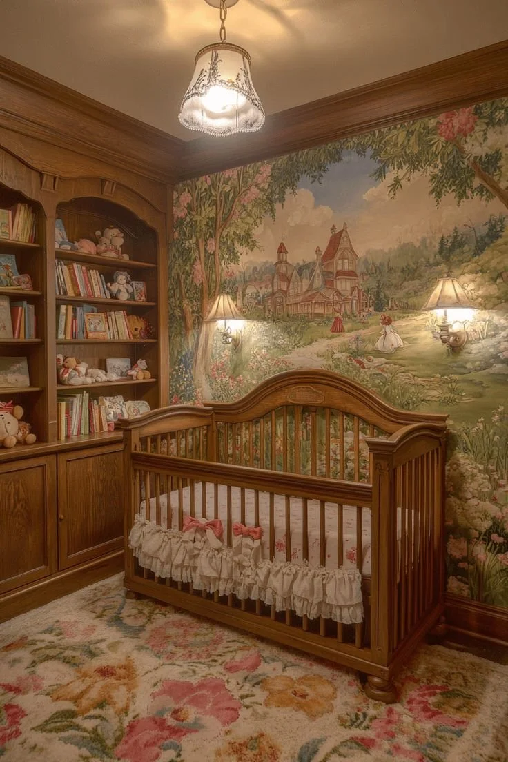 Cozy rustic nursery with vintage decor elements and warm colors