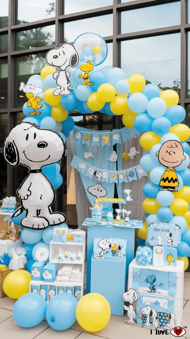 Snoopy baby shower decorations and theme ideas for a Peanuts celebration