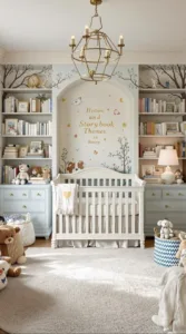 Cozy vintage nursery featuring a stunning antique crib