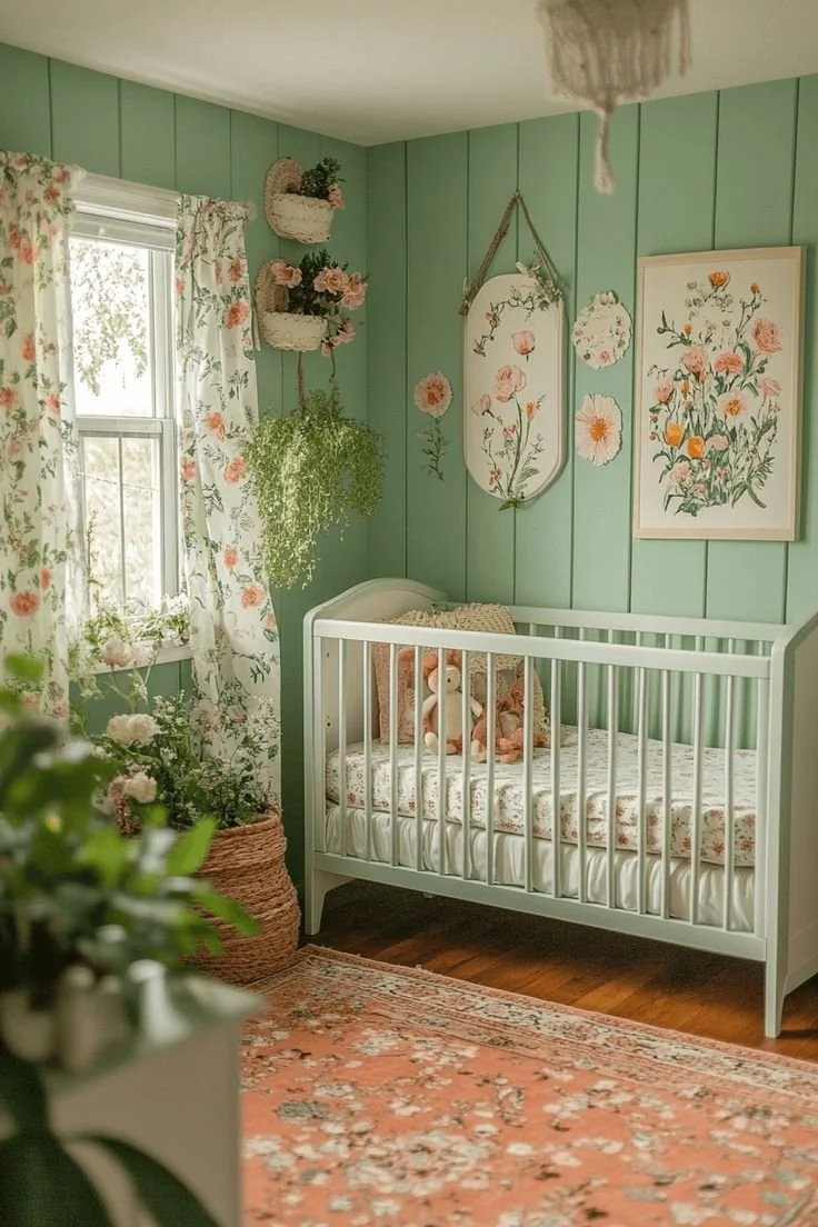 Serene cottagecore baby room with nature-inspired decor and soft colors.