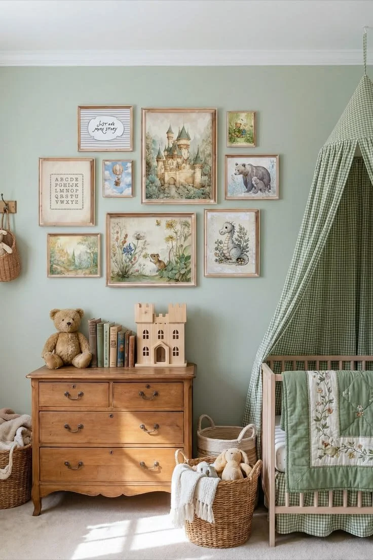 Stylish nursery wall art set for baby boy room featuring storybook themes