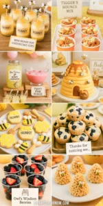 Winnie the Pooh themed food ideas for a baby shower or first birthday celebration.