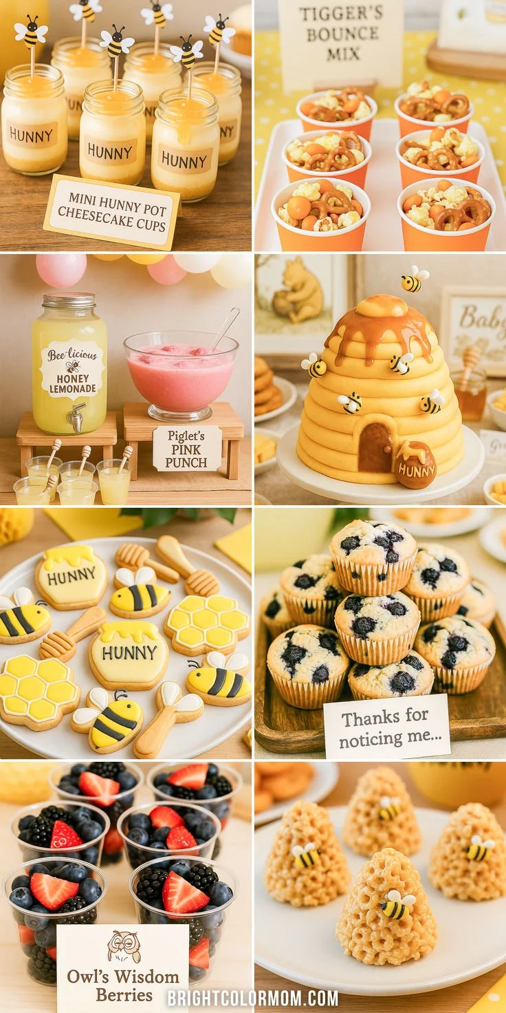 Winnie the Pooh themed food ideas for a baby shower or first birthday celebration.