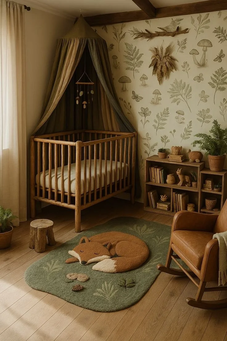 Cozy woodland nursery setup with natural elements and decor for children.