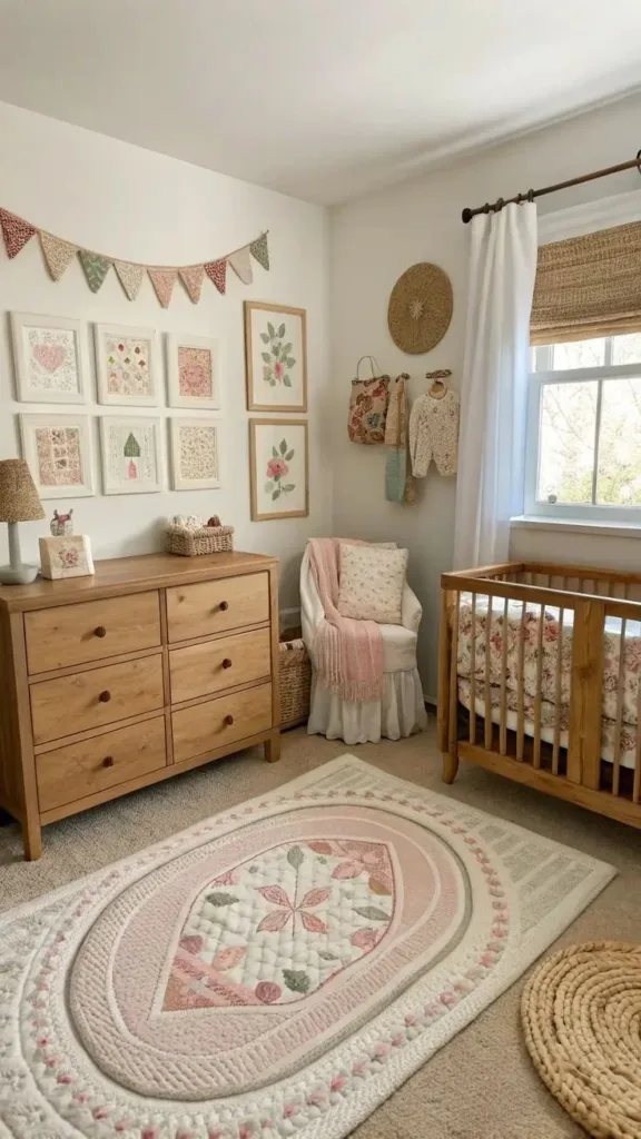 Whimsical cottagecore nursery design with woodland theme elements.